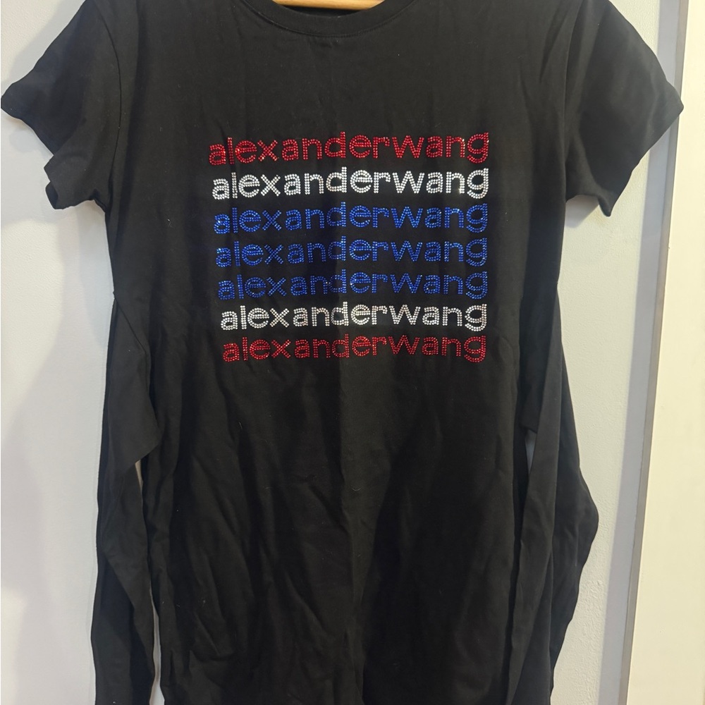 Alexander Wang Black T Shirt Dress Red, White & Blue Rhinestones